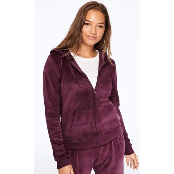 PINK Victoria's Secret Tops - Victoria's Secret PINK Velour Perfect Full Zip Jacket Hoodie Plum Size L